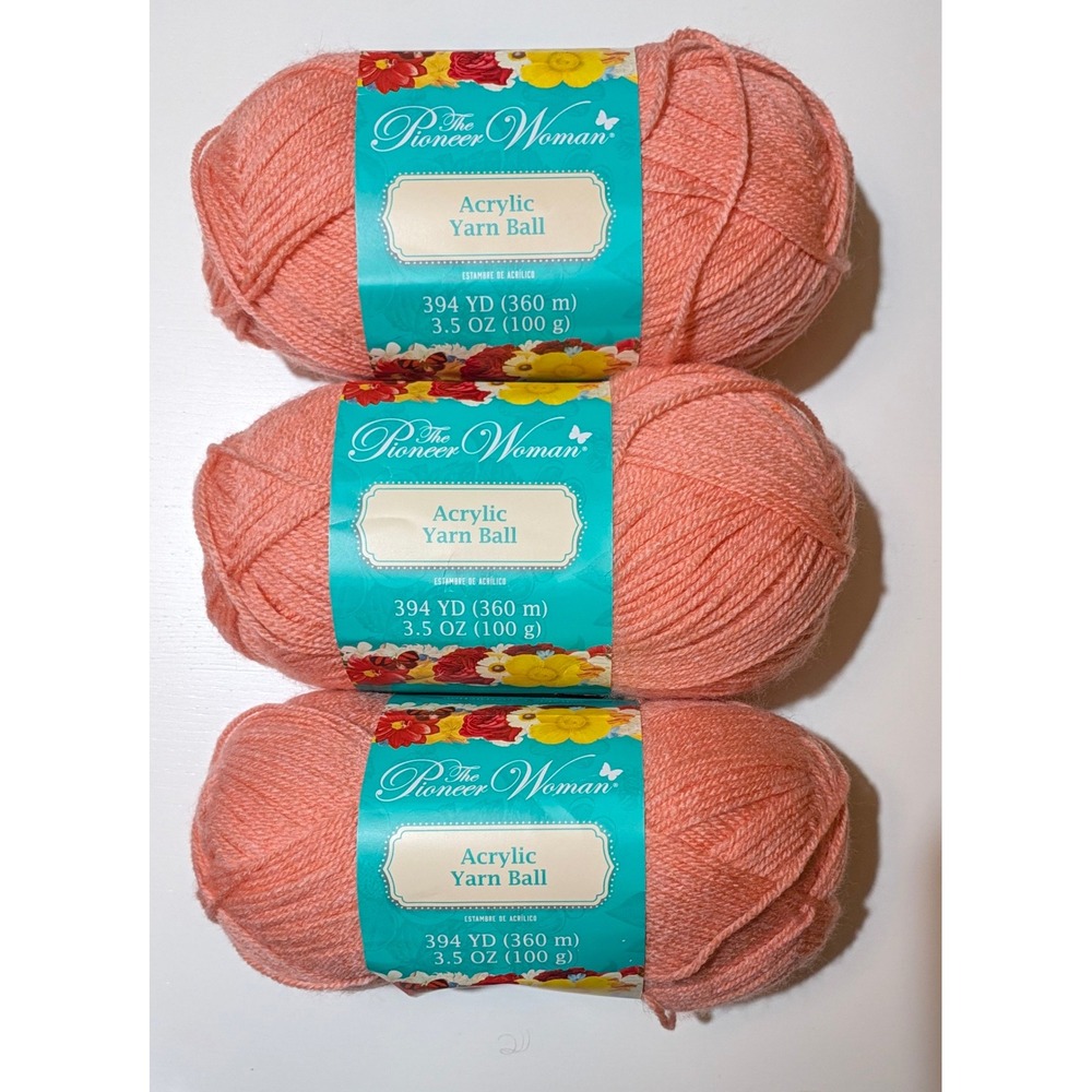 Pioneer Woman Acrylic Yarn Ball Coral 3.5oz 394yd CYC 3 Light 3 Pack Set